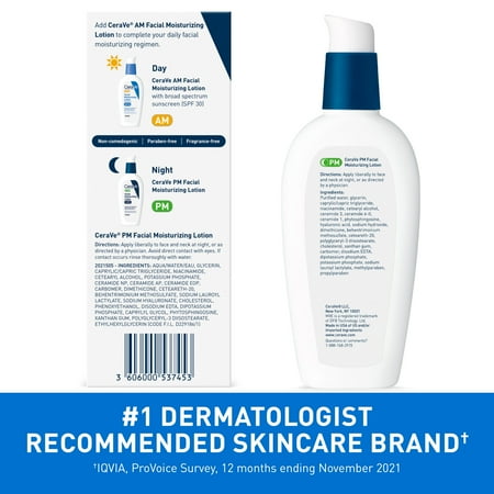 CeraVe PM Lotion Face Moisturizer, Lightweight Oil-free Night Cream for All Skin Types, 3 fl oz