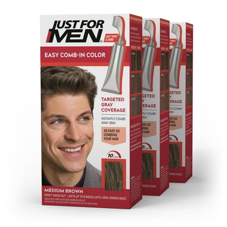 Just For Men Easy Comb-in Hair Color for Men with Applicator, Medium Brown, A-35, 3 Pack