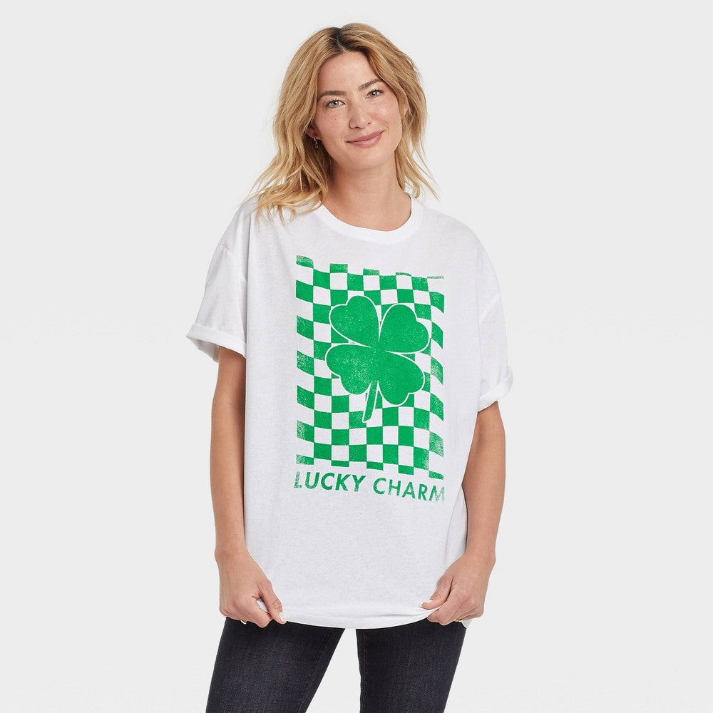 Grayson Threads Women S St. Patrick S Day Short Sleeve Oversized Graphic T-Shirt - (White Checker L/XL)