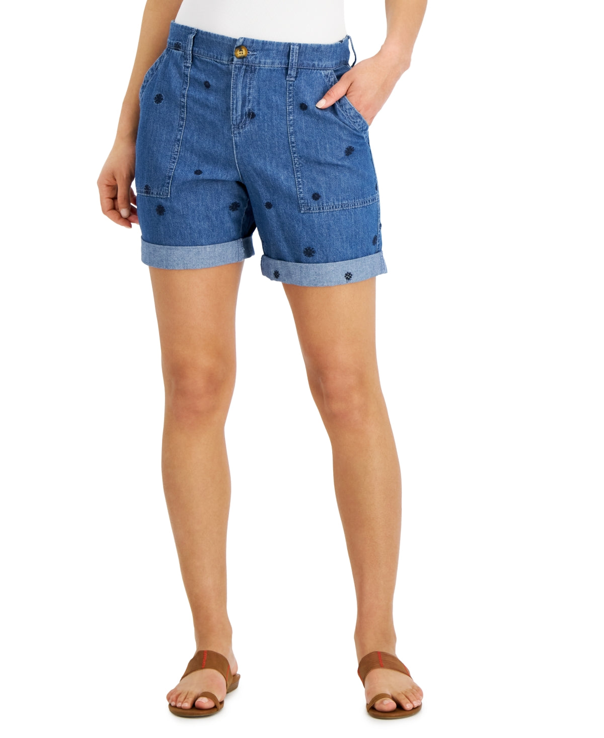 Style & Co Women's Roll-Cuff Embroidered Denim Shorts, Created for Macy's