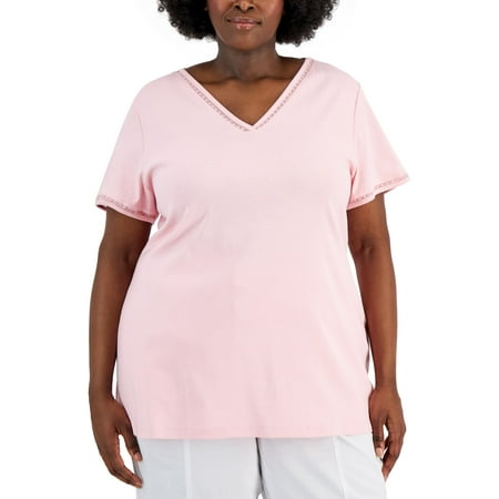Karen Scott Plus Size Cotton Crochet Trimmed Top Boca Blush 3X