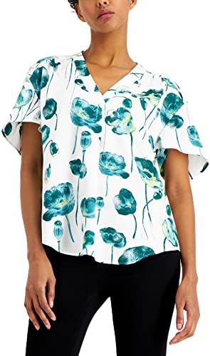 Shirred V Neck Dolman Sleeve Top Calla Lily Cream Peony L