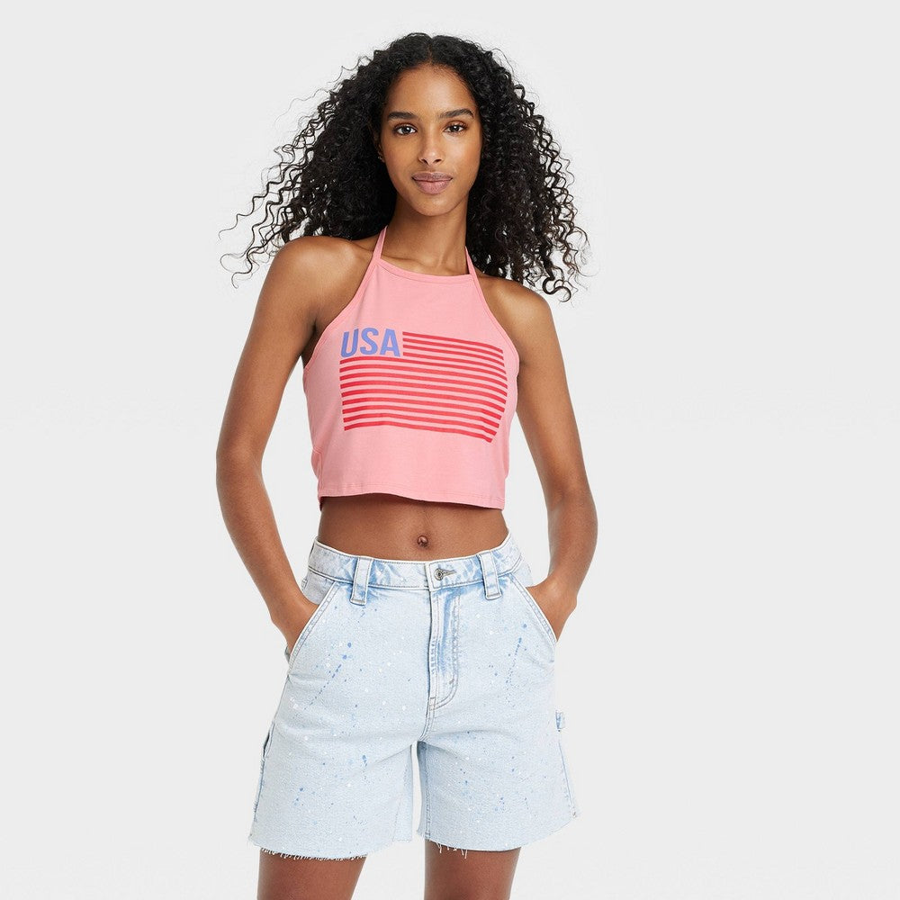 Woen's USA Flag Graphic Halter Cropped Top - Coral Pink