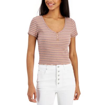 Hippie Rose Juniors' V-neck Ribbed Henley Top - Tan Stripe