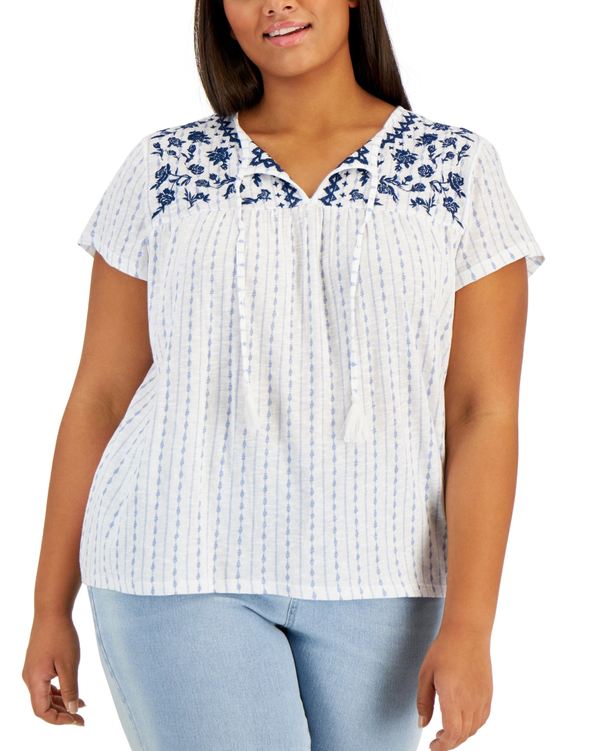 Style & Co Plus Size Split-Neck Embroidered Top, White Sound Wave, Size 1X