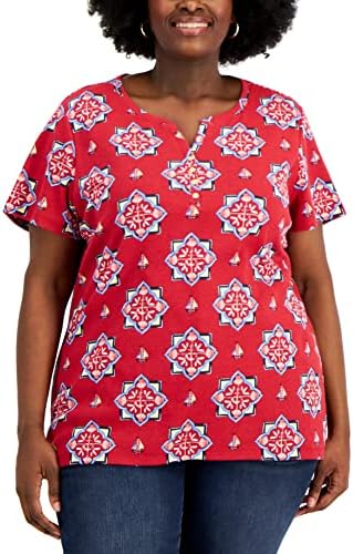 Karen Scott Plus Size Printed Split Neck Henley Top New Red Amore 2X
