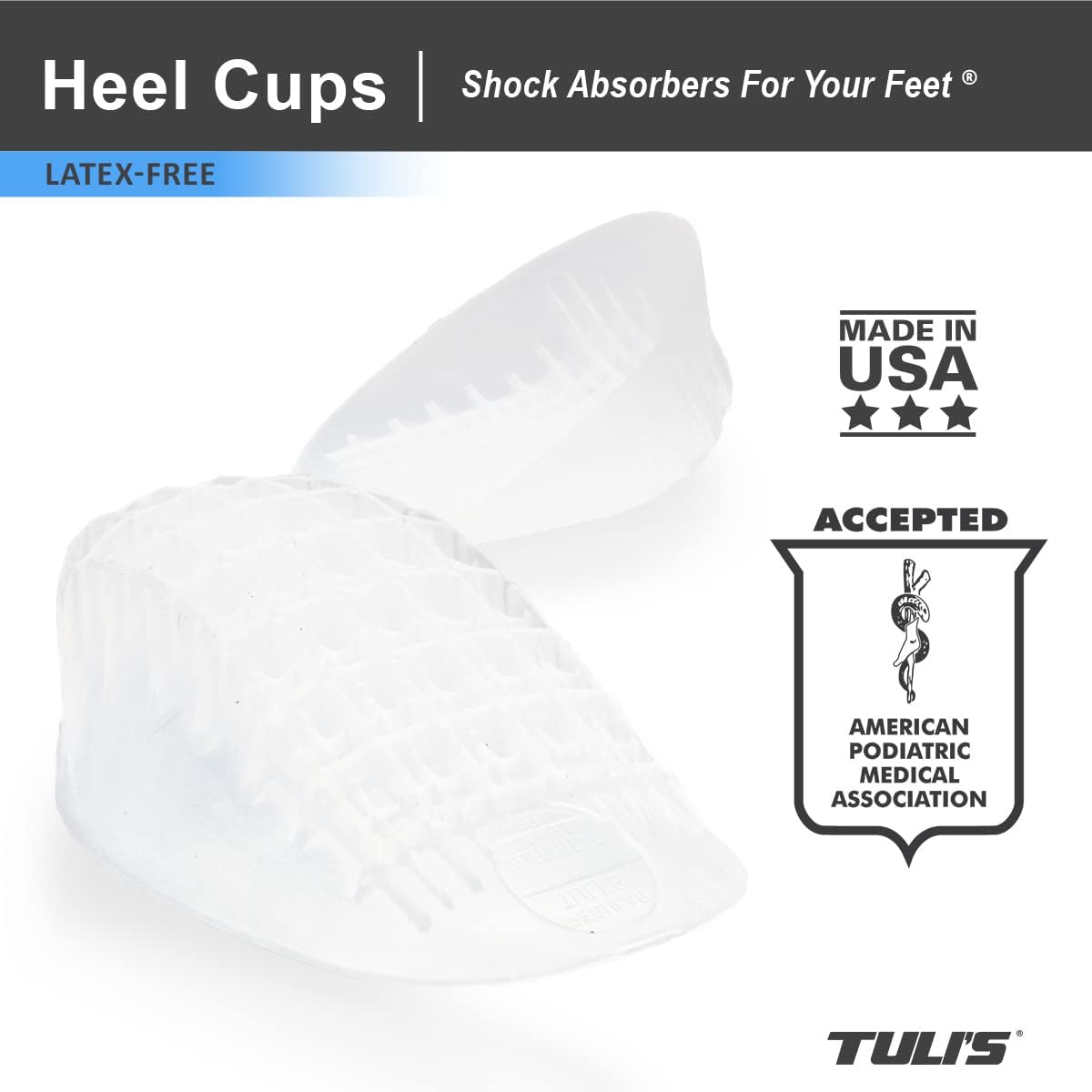 Tuli's Heavy Duty Gel Heel Cups, Cushion Insert for Shock Absorption, Plantar Fasciitis, Sever’s Disease and Heel Pain Relief, Made in USA, Small, 1 Pair
