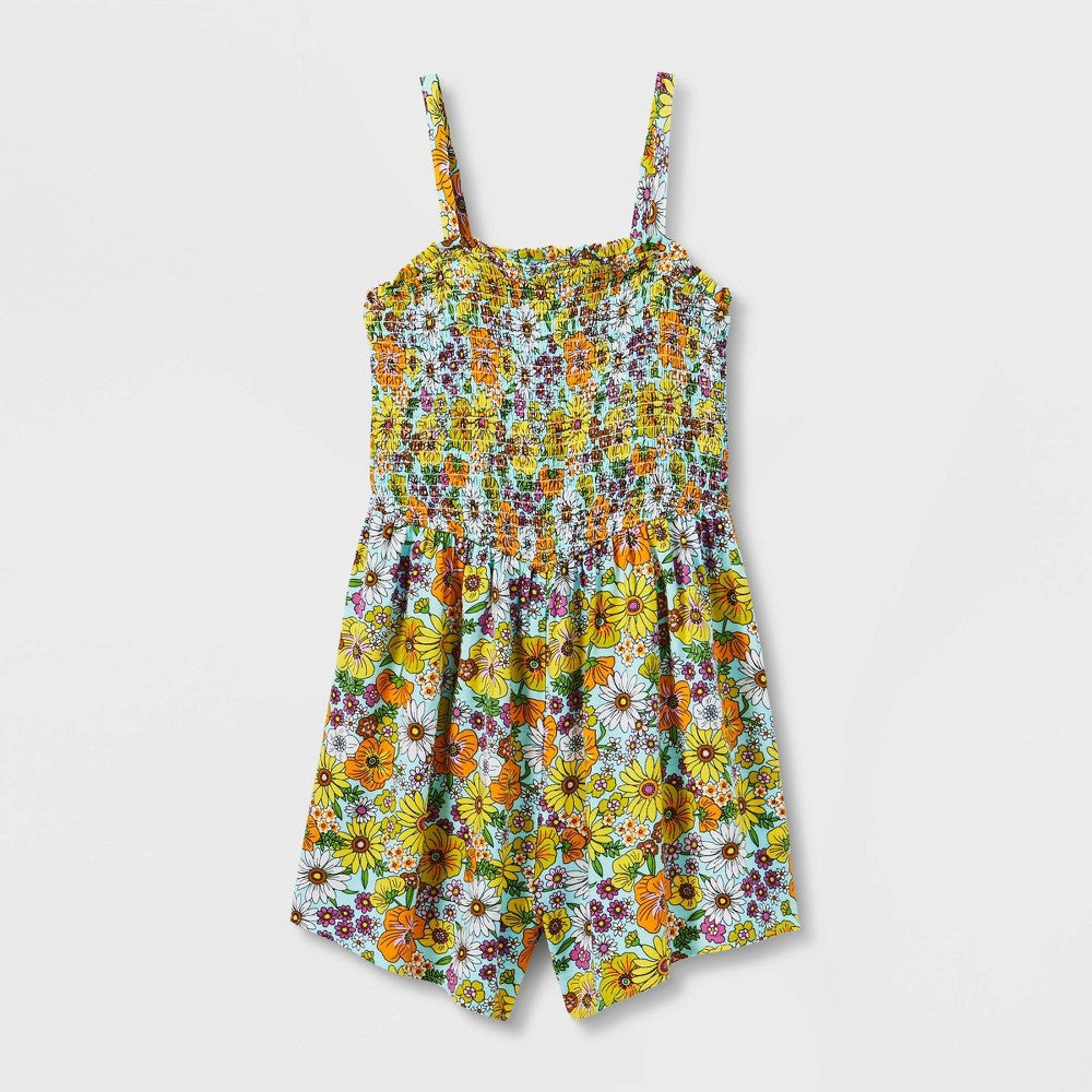 L 10/12 Girls Smocked Romper - Art Class Aqua/Orange Floral L