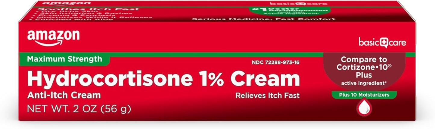 Amazon Basic Care Maximum Strength Hydrocortisone 1 Percent Anti-Itch Cream Plus 10 Moisturizers, 2 ounce (Pack of 1)