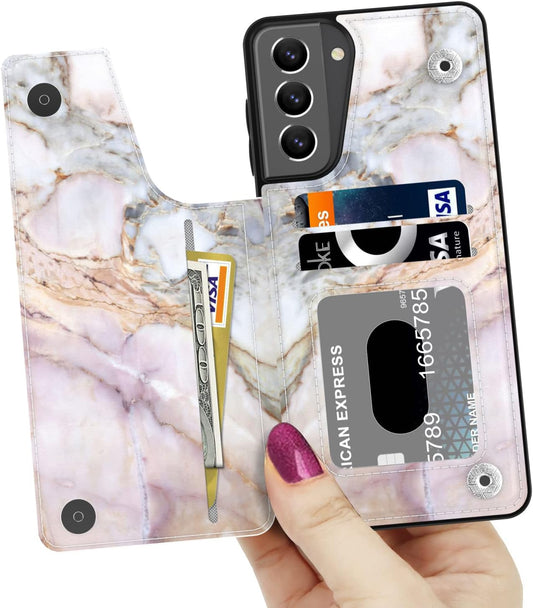 LETO Galaxy S21 Case,Luxury Flip Folio Leather Wallet Case Cover with Fashion Designs for Girls Women,Card Slots Kickstand,Protective Phone Case 6.2" Pink Purple Marble