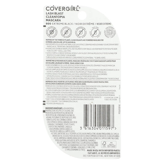 Covergirl Lash Blast Cleantopia Mascara, Volumizing, Smudge-Proof, Vegan Formula, Extreme Black 800, 1 Count