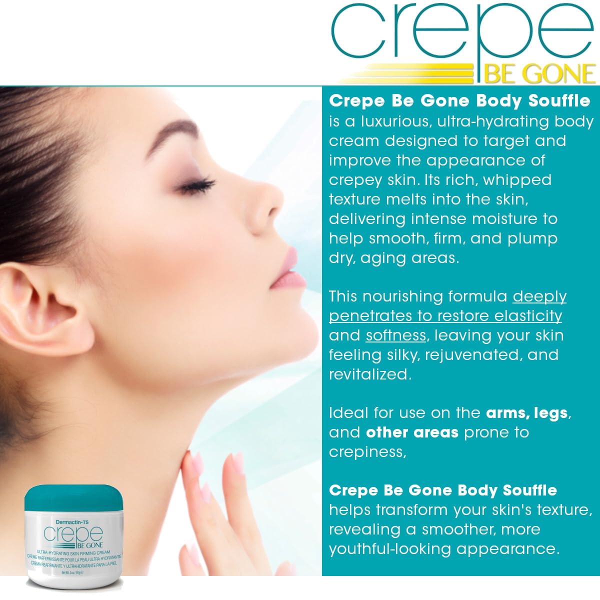 Crepe Be Gone Body Souffle - Classic 3 ounce - Ultra Hydrating Crepe Skin Firming Cream for Neck,Chest, Arms & Legs