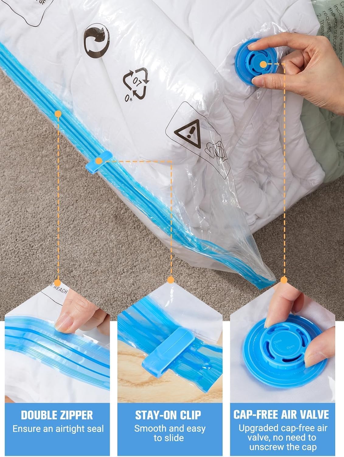 12Pack Small Vacuum Storage Bags, New Air Valve Space Saver Vacuum Sealer Bag for Clothes, Comforters, Blankets, Bedding, Hand Pump Included, Two Vacuum Ways