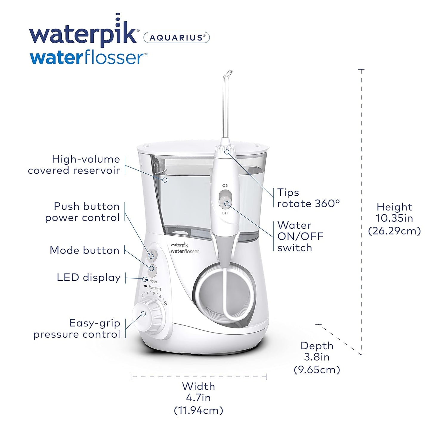Waterpik Aquarius Water Flosser Professional For Teeth, Gums, Braces, Dental Care, Electric Power With 10 Settings, 7 Tips For Multiple Users And Needs, ADA Accepted, White WP-660 White Water Flosser
