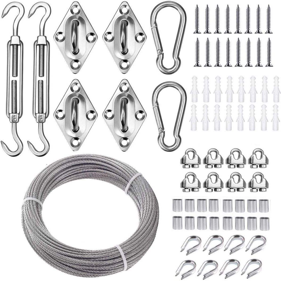 TooTaci Sun Shade Hardware Kit Rectangle, T316 Stainless Steel Shade Sail Hardware Kit 6 Inch with 50ft Steel Cable, Marine Grade Sun Shade Sail Harware Kit for Outdoor Canopy Rectangle Triangle