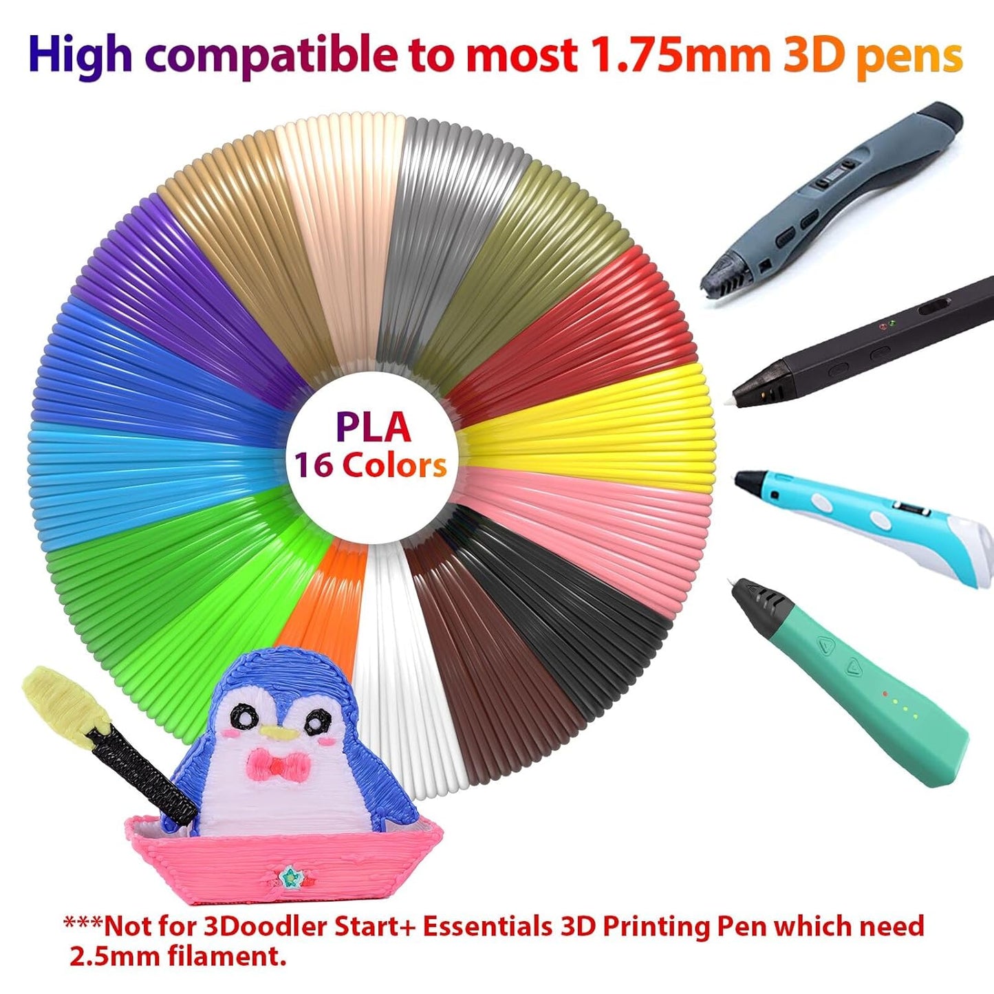 3D Pen Filament 160 Feet, 16 Colors, Each Color 10 Feet, 250 Stencils eBooks - 3D Printer Pen Refill PLA 1.75mm, Compatible with MYNT3D, SCRIB3D, PIKA3D Super and Pro Pen