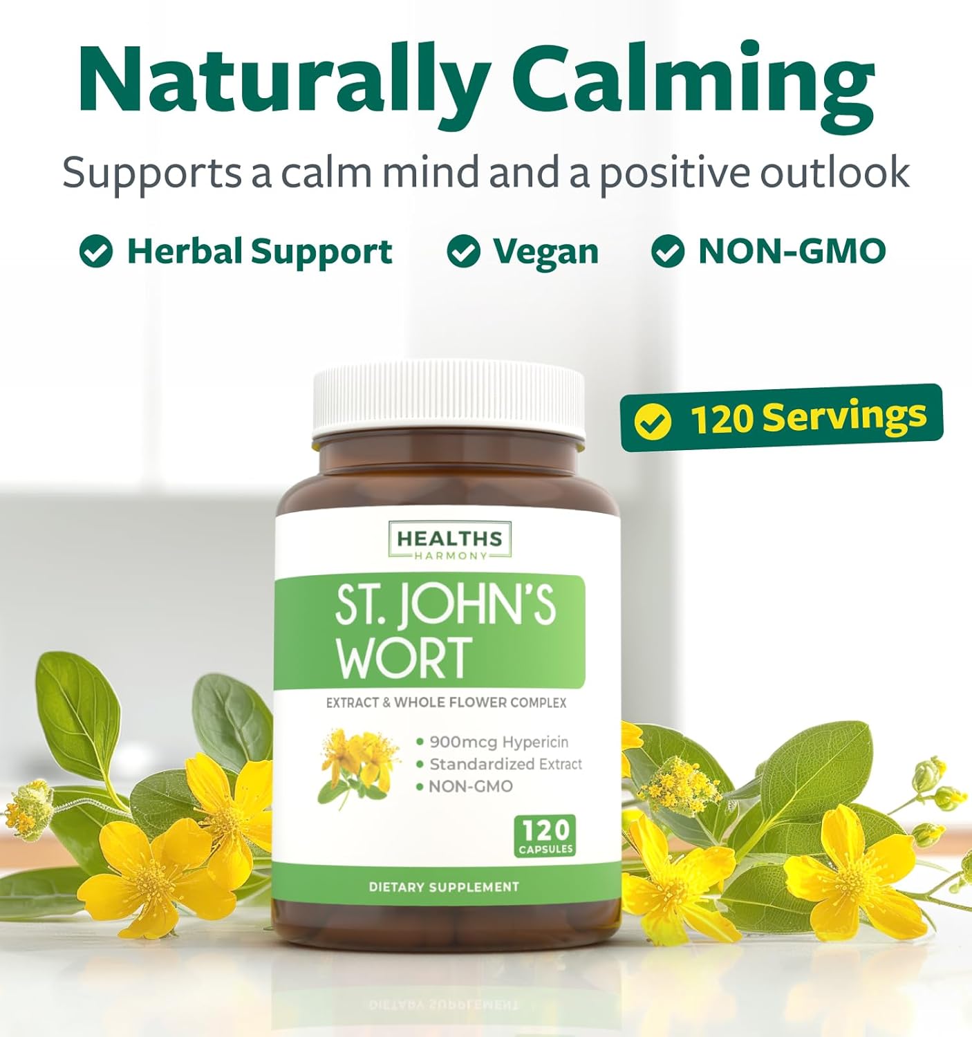 St. John's Wort - 120 Capsules (Non-GMO) Effective St Johns Wort Capsules - Powerful 900mcg Hypericin - Standardized Extract & Whole Herb Supplement - No Oil, Pills, Tea, Tincture - 500mg Per Capsule 120 Count (Pack of 1)