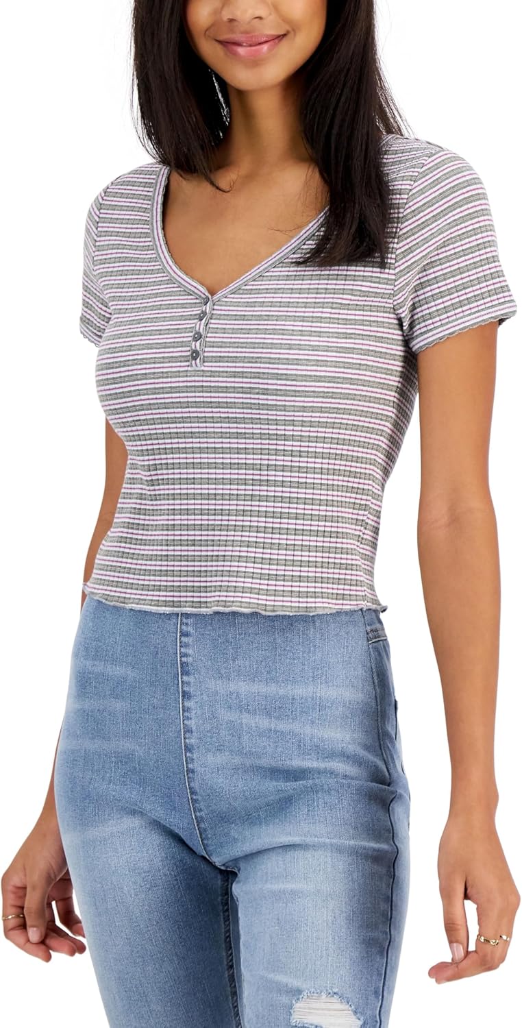 Juniors' V-Neck Ribbed Henley Top