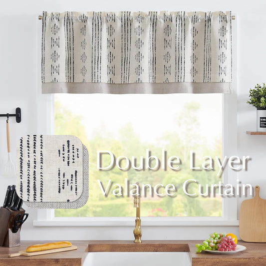JINCHAN Boho Valance Curtains Blackout Kitchen Valance for Windows Geometric Striped Valance for Living Room 18 Inch Double Layer Farmhouse Window Valances Overlay Valance 1 Panel Black on Beige