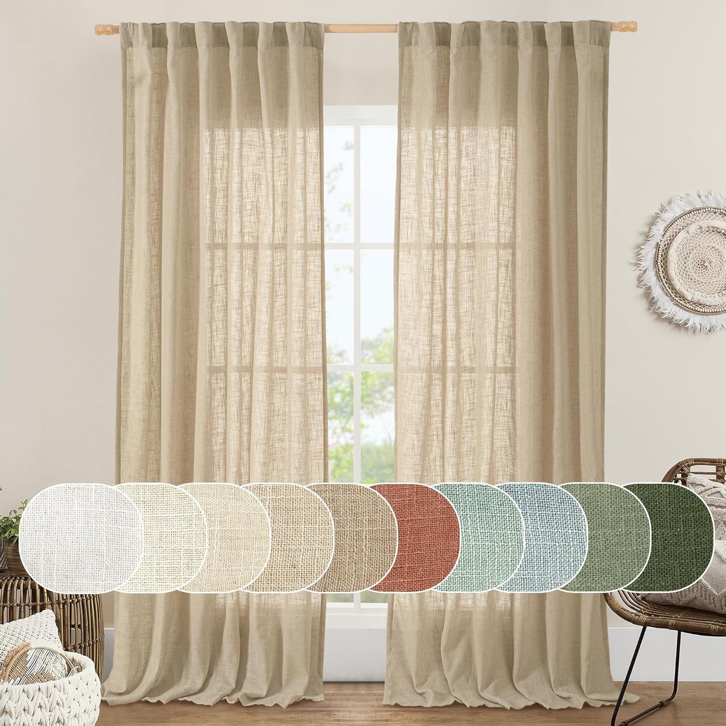LAMIT Brown Linen Curtains, Back Tab and Rod Pocket Boho Burlap, 2 Panels, 52 “ W x 84” L