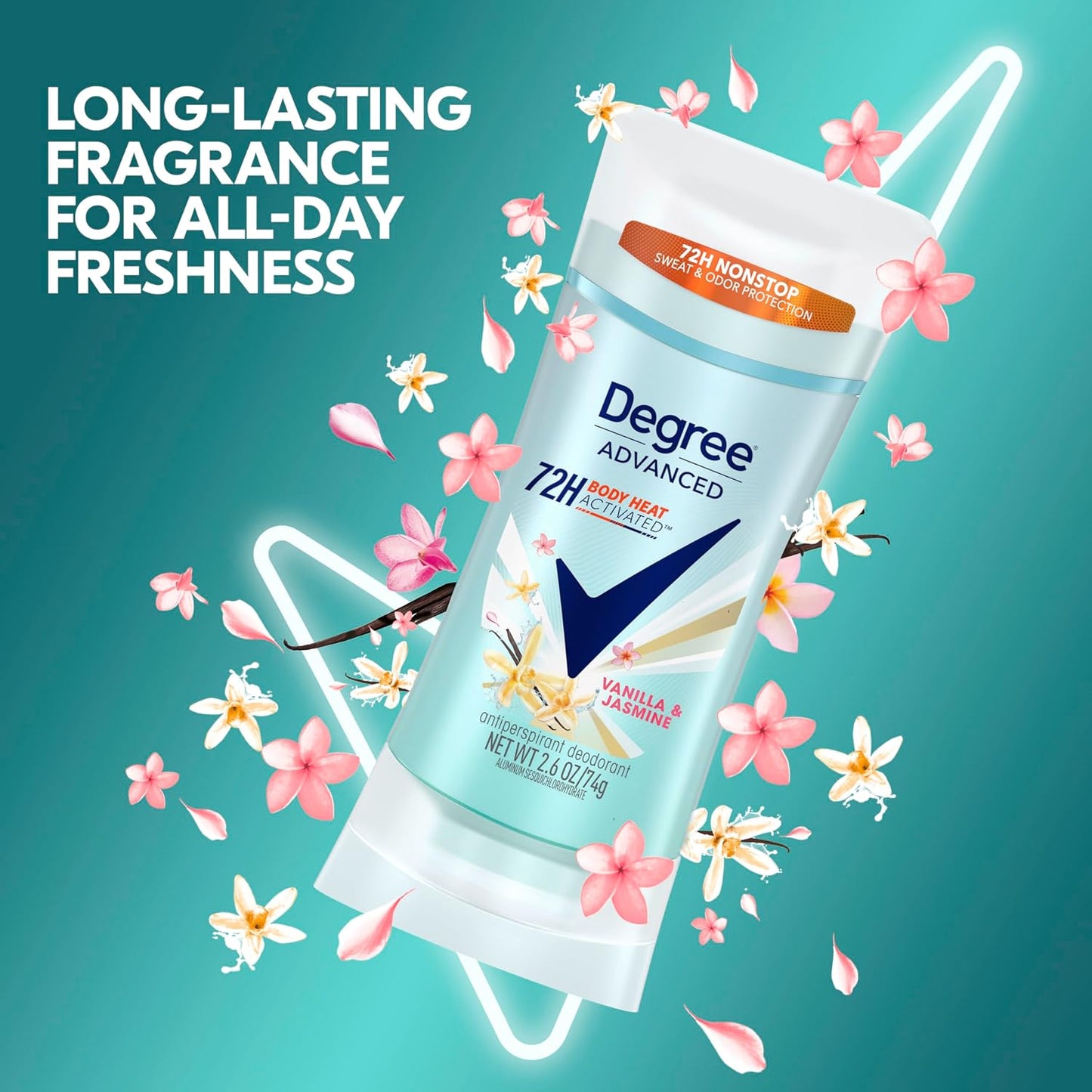 Degree Advanced Protection Antiperspirant Deodorant Vanilla & Jasmine for 72-Hour Sweat & Odor Control for Women, with Body Heat Activated Technology, 2.6 oz (Pack of 2)