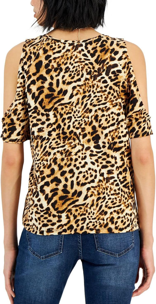 INC International Concepts Women's Leopard Printed Cold Shoulder Knit Top Black Size X-Large