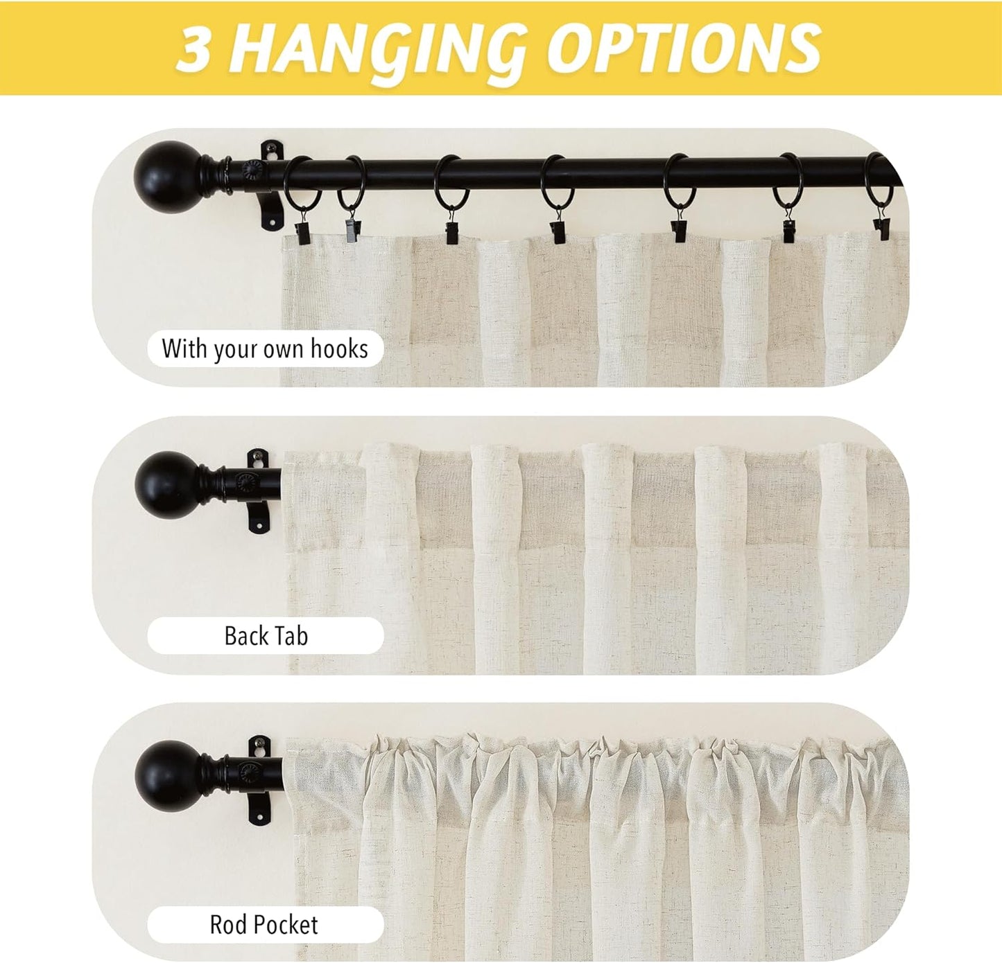 NICETOWN Flax Linen Living Room Curtains 90 inches Long, Rod Pocket & Back Tab Semi Sheer Linen Drapes Privacy Added with Light Filtering for Bedroom/Living Room, Natural, W42 x L90, 2 Panels