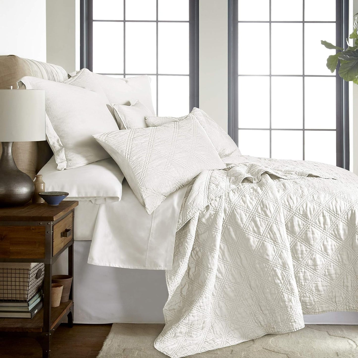Levtex Home - 100% Linen Front/100% Cotton Back - Twin Quilt - Washed Linen - Cream - Quilt Size (68 x 86 in.)