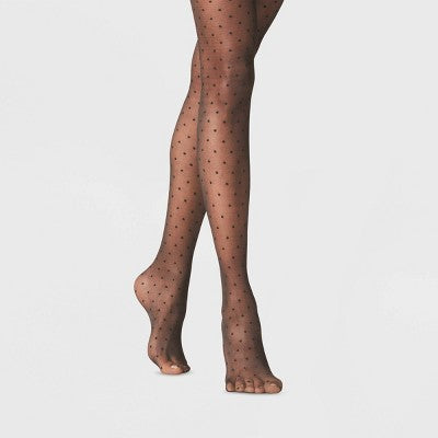 Women's Polka Dot Sheer Tights - A New Day; Black L/XL: High Waisted, Nylon-Spandex Blend, Classic Pattern, Knit Construction
