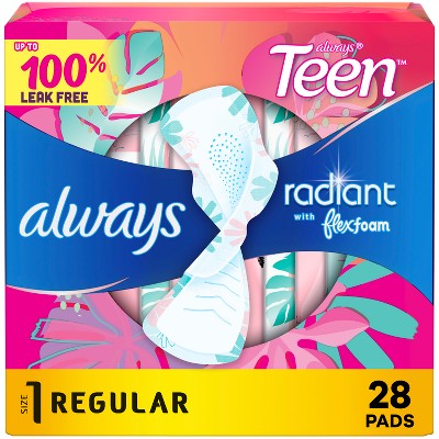 Always Radiant FlexFoam Teen Pads Regular Absorbency with Wings - Unscented - 28ct