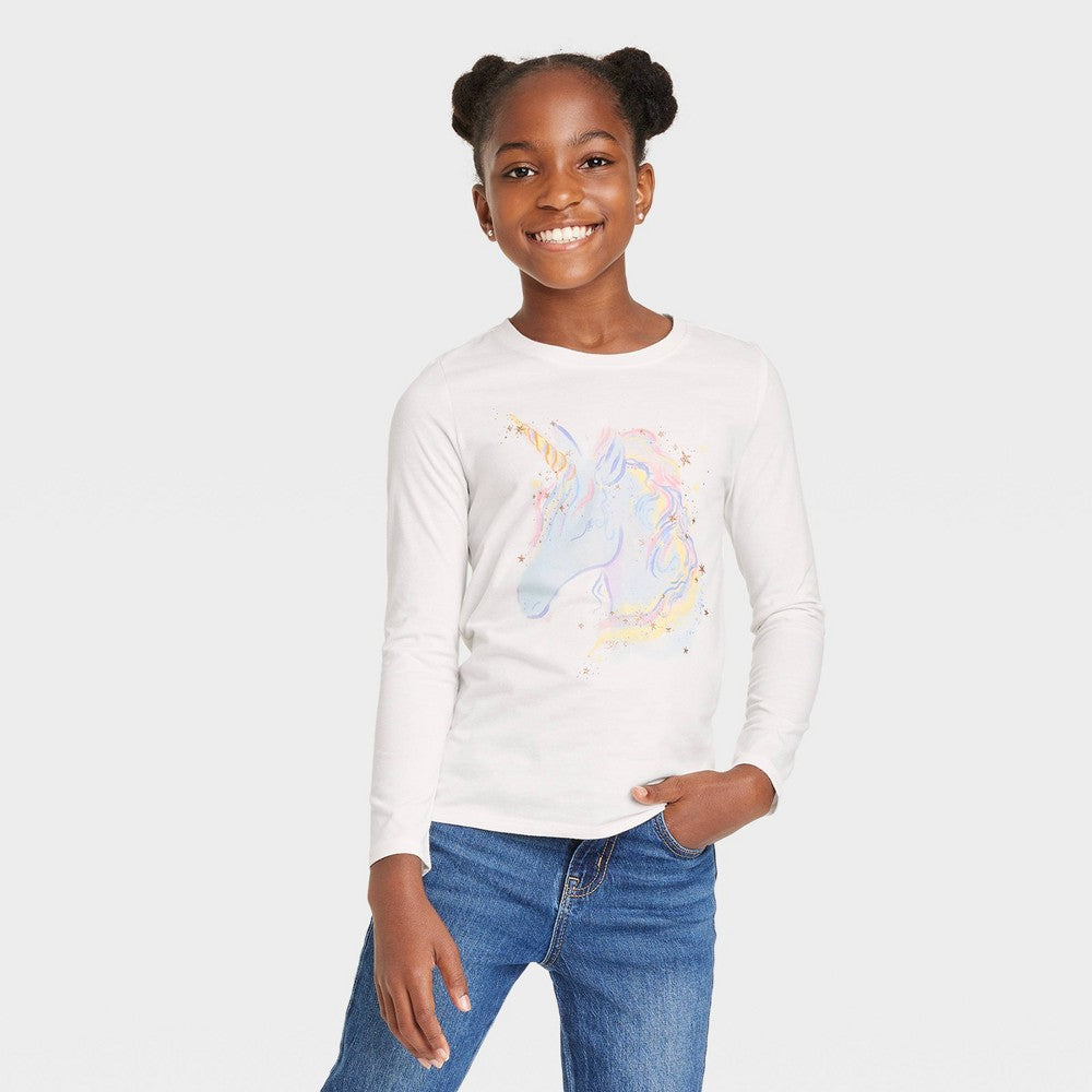 M Girls' Long Sleeve 'Unicorn' Graphic T-Shirt - Cat & Jack Cream, Ivory