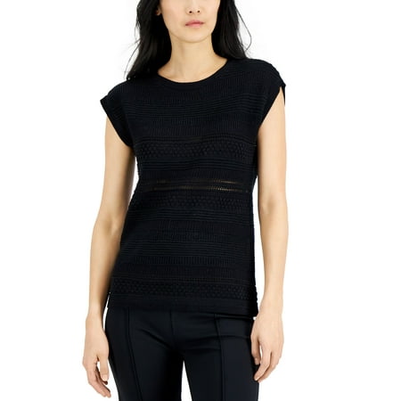 Alfani Womens Mixed Stitch Striped Cap Sleeve Sweater Deep Black 2XL