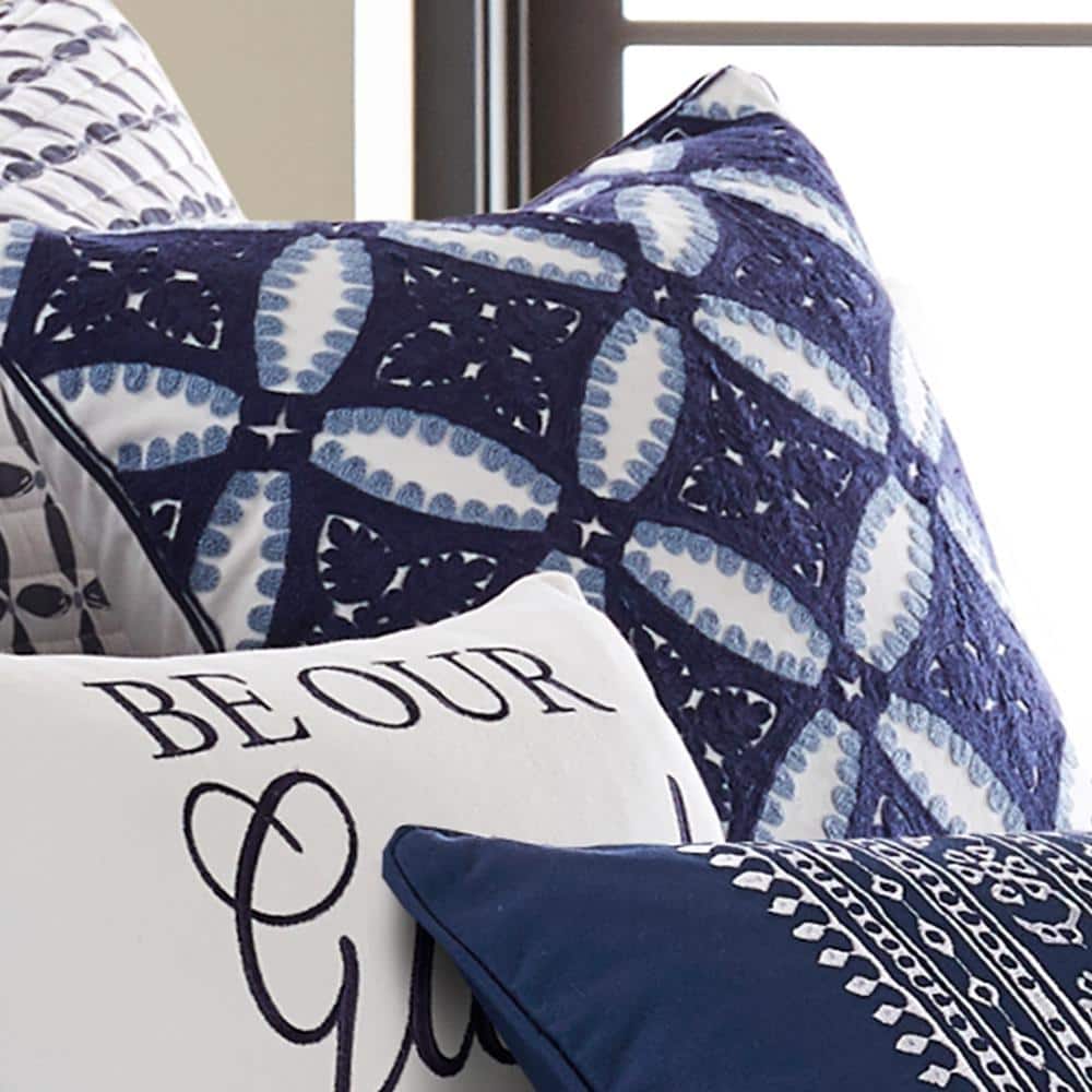 Valentina Navy, White Medallion Crewel Stitch 18 in. x 18 in. Throw Pillow