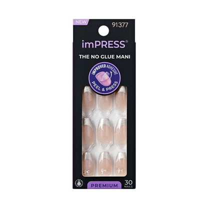 imPRESS Premium Press-On Nails, No Glue Needed, Silver French Tip, Medium Coffin, 33 Ct.
