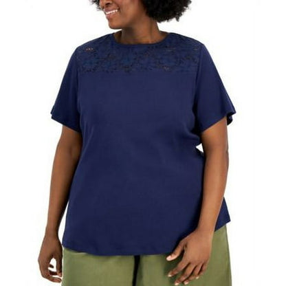 Karen Scott Plus Size Cotton Crochet Yoke Top Intrepid Blue 1X