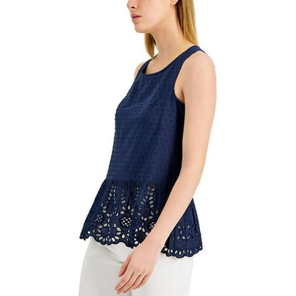 Adyson Parker Womens Sleeveless Eyelet Peplum Top Oxford Navy S