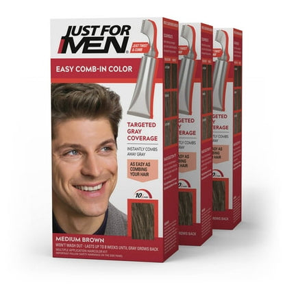 Just For Men Easy Comb-in Hair Color for Men with Applicator, Medium Brown, A-35, 3 Pack