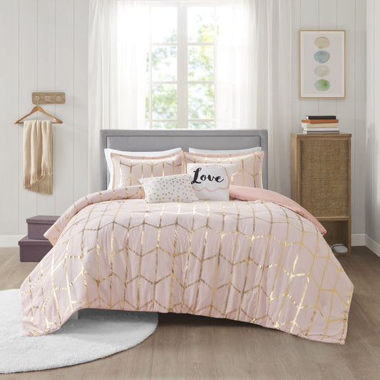 Intelligent Design Khloe Metallic Geometric Printed Comforter Set with Throw Pillows, Full/Queen