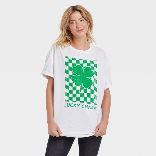 Grayson Threads Women S St. Patrick S Day Short Sleeve Oversized Graphic T-Shirt - (White Checker  L/XL)