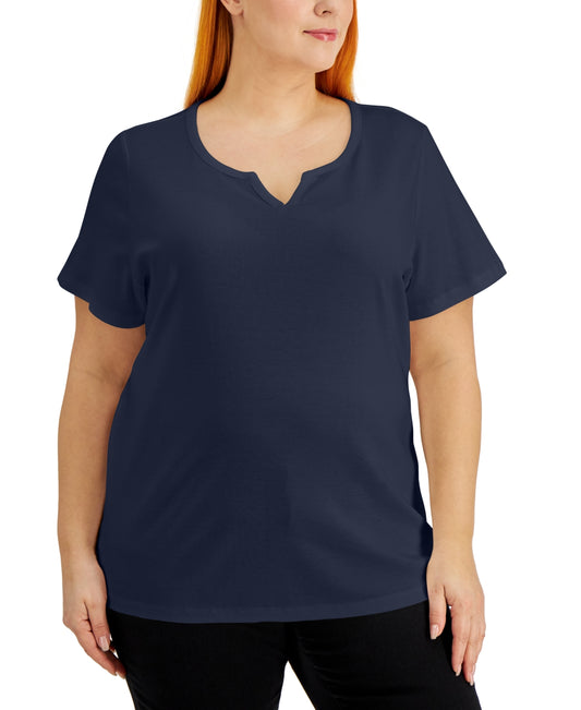 Karen Scott Plus Size Cotton Split-Neck Top, Created for Macy's