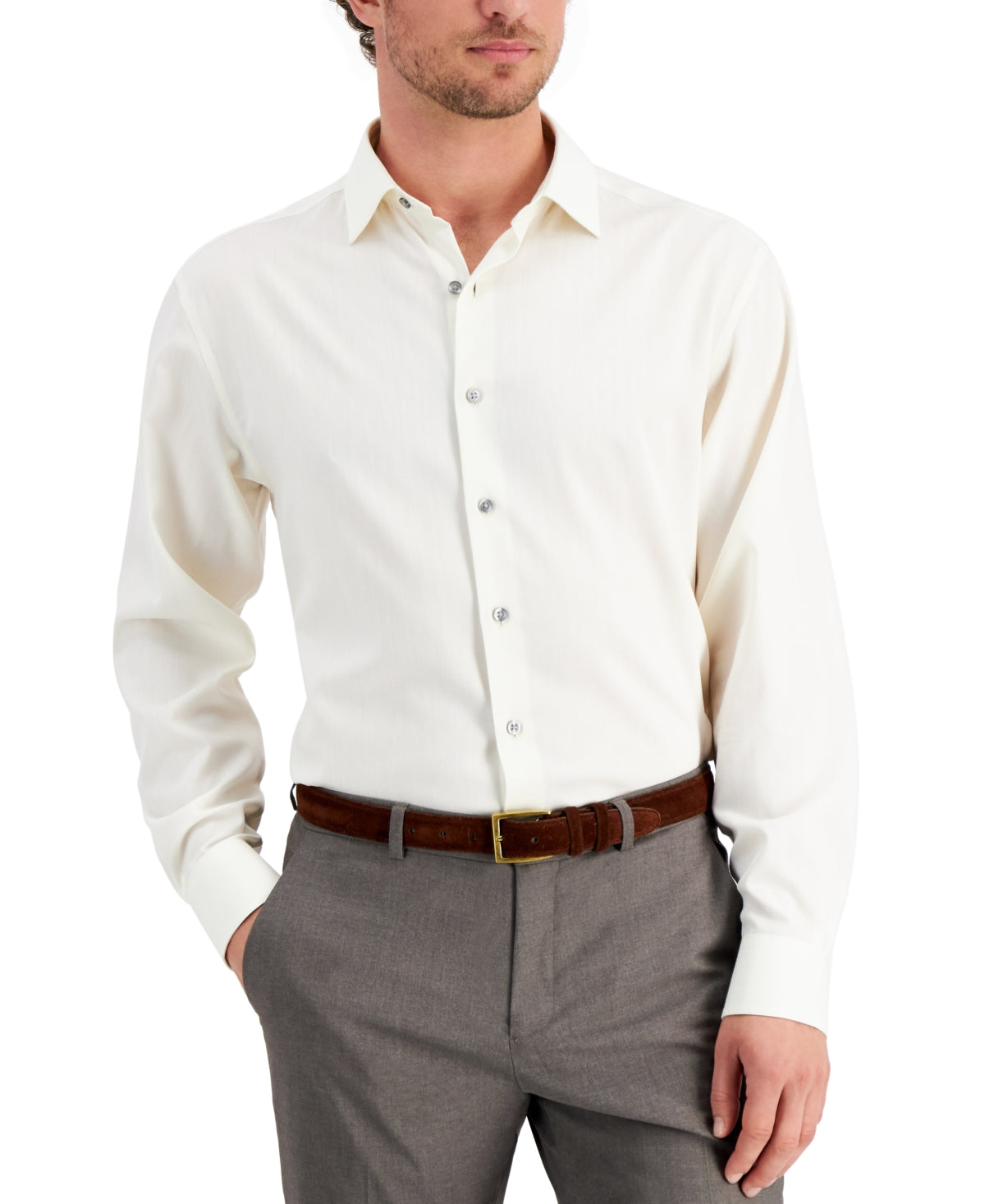 Alfani Men's Regular Fit 2-Way Stretch Herringbone Dress Shirt, Created for Macy's - Tan