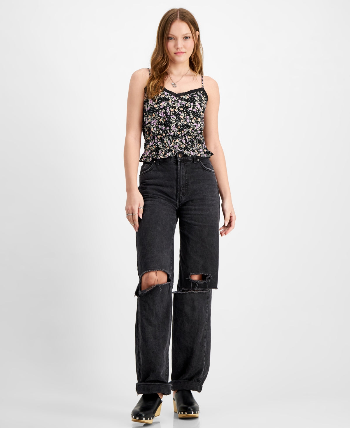 Hippie Rose Juniors' Lace-Trim Peplum Tank Top