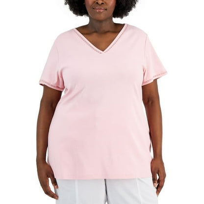 Karen Scott Plus Size Cotton Crochet Trimmed Top Boca Blush 3X