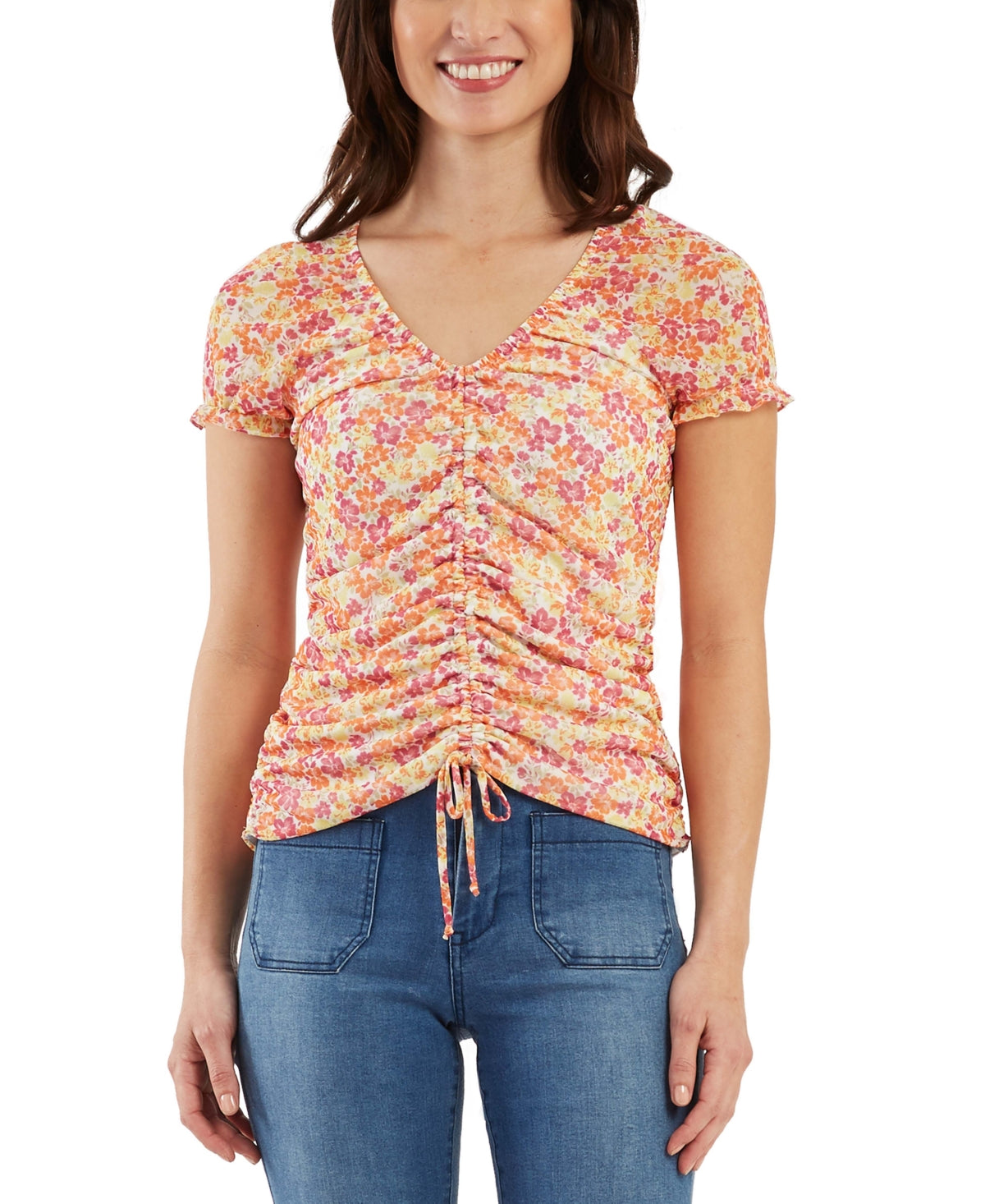 Bcx Juniors' Drawstring-Front Cap-Sleeve Top - Tropical Floral