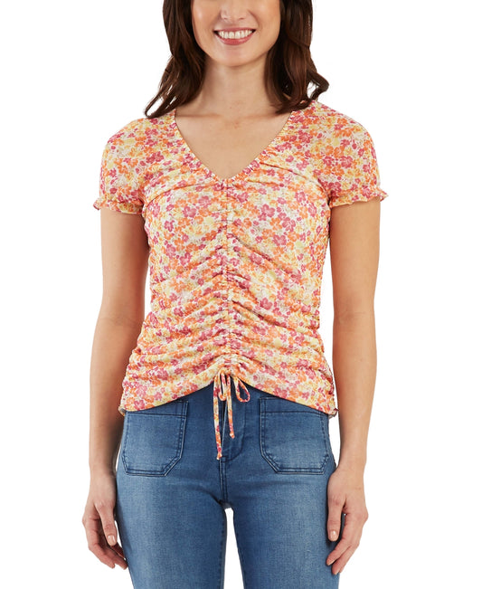 Bcx Juniors' Drawstring-Front Cap-Sleeve Top - Tropical Floral