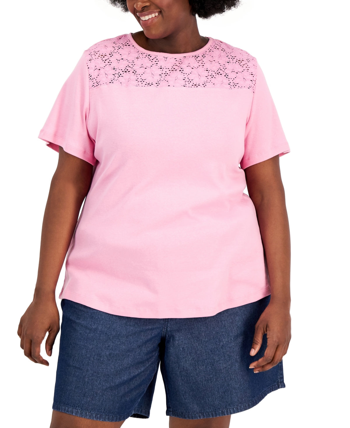 MSRP $40 Karen Scott Plus Size Cotton Crochet-Yoke Top Pink Size 1X