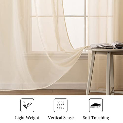 MIULEE 2 Panels Solid Color Sheer Window Curtains Elegant Window Voile Panels/Drapes/Treatment for Bedroom Living Room (54 X 102 Inches Cream Beige)