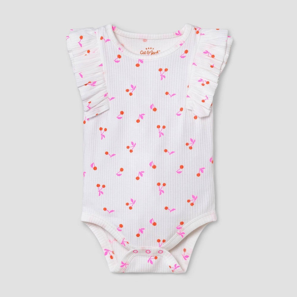 0-3M Baby Girls' Cherry Rib Ruffle Bodysuit - Cat & Jack™ White