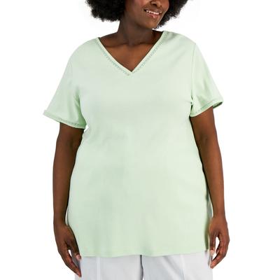 Karen Scott Plus Size Cotton Crochet-Trimmed Top Green Size 3X