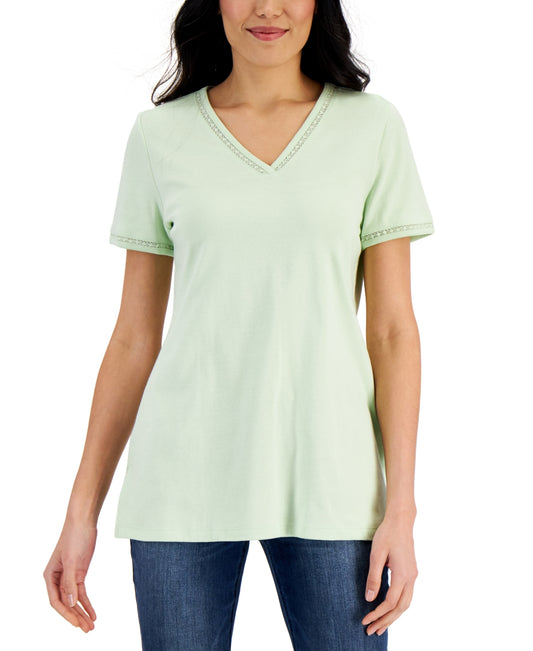 Karen Scott Women's Cotton Lace-Trimmed Top, Created for Macy's - Calm Aloe
